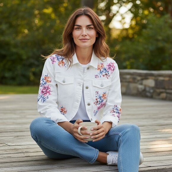 DG2 Denim Jacket Diane Gilman Bohemian Floral Pockets Fringed Comfy Designer 3X - Picture 3 of 8